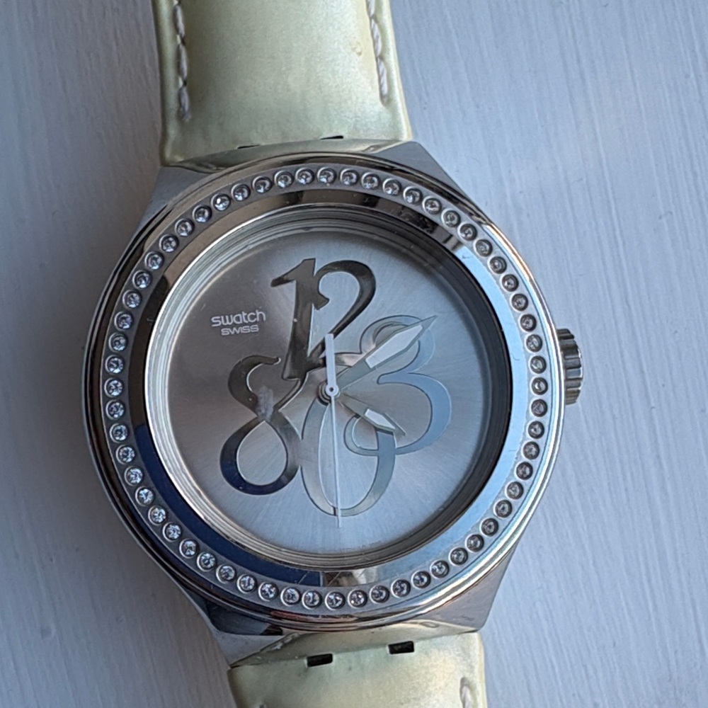 Swatch Silver Dial with Cream Strap Watch